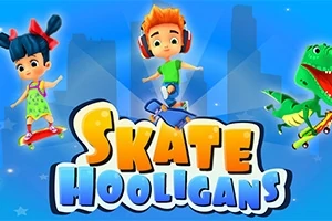 Tre tecknade karaktärer åker skateboard framför en blå bakgrund med texten Skate Hooligans