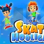 Tre tecknade karaktärer åker skateboard framför en blå bakgrund med texten Skate Hooligans
