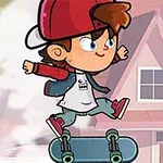 Tecknad pojke med röd keps åker skateboard framför ett hus