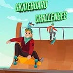 Tecknade figurer åker skateboard på en ramp under en klarblå himmel med texten Skateboard Challenges ovanför