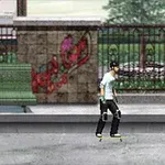 Person på rullskridskor åker i en urban miljö med graffiti och parkbänk i bakgrunden