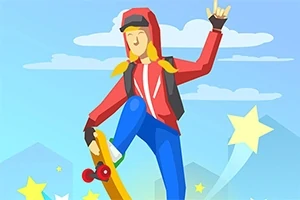 En tecknad figur i röda kläder och gul hjälm åker skateboard och gör ett trick, omgiven av stjärnor mot en blå bakgrund