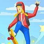 En tecknad figur i röda kläder och gul hjälm åker skateboard och gör ett trick, omgiven av stjärnor mot en blå bakgrund