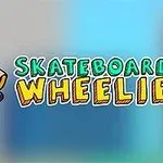 Tecknad figur med röd t-shirt och gul keps åker skateboard bredvid texten Skateboard Wheelie