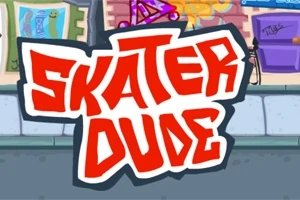 Tecknad bild med texten Skater Dude i röd graffiti-stil framför en stadsmiljö med trottoarer och väggmålningar