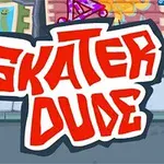 Tecknad bild med texten Skater Dude i röd graffiti-stil framför en stadsmiljö med trottoarer och väggmålningar