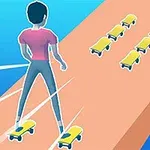 En tecknad person åker skateboard på en orange bana med flera små skateboards framför sig