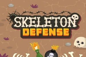 Texten Skeleton Defense i benstilsfont med en explosion och en dödskalle mot en bakgrund av jord och ben