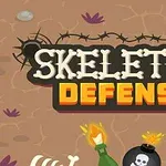 Texten Skeleton Defense i benstilsfont med en explosion och en dödskalle mot en bakgrund av jord och ben