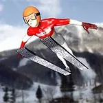 En tecknad figur iförd en orange hjälm och röd dräkt utför backhoppning mot en snötäckt bergsbakgrund