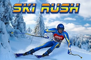 En skidåkare i blå dräkt åker nerför en snötäckt backe med snötäckta träd i bakgrunden och texten Ski Rush ovanför