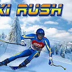 En skidåkare i blå dräkt åker nerför en snötäckt backe med snötäckta träd i bakgrunden och texten Ski Rush ovanför