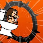 En tecknad man med stort leende sitter på en toalett framför en orange bakgrund med en stiliserad svart cirkel