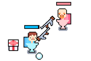 Två pixelerade figurer i rosa och blå stolar riktar pixlade gevär mot varandra, med en present och ett ägg nära den blå figuren