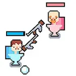Två pixelerade figurer i rosa och blå stolar riktar pixlade gevär mot varandra, med en present och ett ägg nära den blå figuren