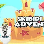 Illustration av ett glatt, tecknat ansikte i en toalett framför ett sandigt landskap med ett sandslott och ett rött parasoll, text med titeln på engelska synlig