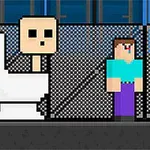 Pixerad scen med en stor toalett, en figur i blå skjorta, och en svartklädd figur med lila fyrkantigt ansikte