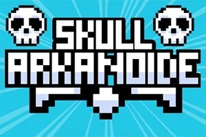 Texten Skull Arkanoide i pixlad stil med två dödskallar på en blå bakgrund med strålande linjer