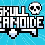 Texten Skull Arkanoide i pixlad stil med två dödskallar på en blå bakgrund med strålande linjer
