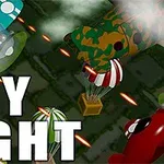 Tecknade flygplan i olika färger strider i luften med skjutande vapen och fallskärmar, med texten Sky Fight i förgrunden