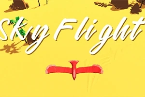 Gul bakgrund med texten Sky Flight och en röd fågel med utsträckta vingar i mitten