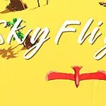 Gul bakgrund med texten Sky Flight och en röd fågel med utsträckta vingar i mitten