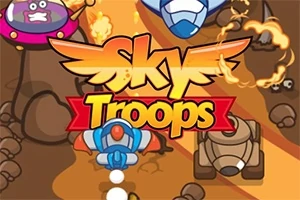 Färgglada tecknade rymdskepp och stridsfordon med texten Sky Troops i mitten