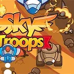 Färgglada tecknade rymdskepp och stridsfordon med texten Sky Troops i mitten