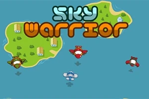 Tecknade flygplan över havet med gröna öar i bakgrunden och texten Sky Warrior ovanför