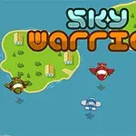 Tecknade flygplan över havet med gröna öar i bakgrunden och texten Sky Warrior ovanför
