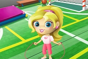 En tecknad flicka med blont hår hoppar hopprep på en färgglad gympasalsgolv