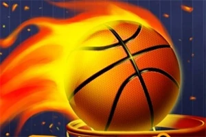 En basketball som brinner med eldflammor när den är på väg genom en basketkorg
