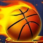En basketball som brinner med eldflammor när den är på väg genom en basketkorg