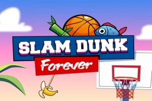 Tecknad bild med en basketboll, en fisk med bandana, en banan och en basketkorg mot en färgglad himmel