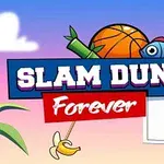 Tecknad bild med en basketboll, en fisk med bandana, en banan och en basketkorg mot en färgglad himmel