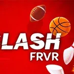 Röd bakgrund med ordet SLASH FRVR i vitt och flera sportobjekt som en fotboll, basketboll och andra bolliknande objekt runt omkring