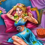 En tecknad prinsessa sitter på en säng, omgiven av spa-tillbehör, med smuts och växtblad på klänningen