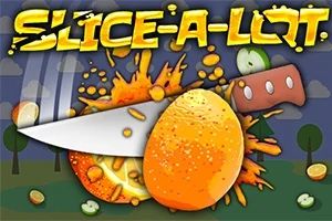 En kniv skär genom en apelsin som sprutar juice, med gröna bakgrundselement och texten SLICE-A-LOT överst