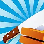 En illustration av en stor kniv som skär genom en ostbit med en blåstrålande bakgrund