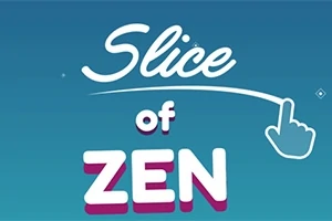 Texten Slice of Zen mot en blå bakgrund med en handikon som pekar
