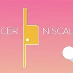 Rosa och orange bakgrund med texten SLICER och N SCALE som omger en gul form och en vit boll