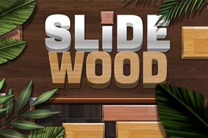 Texten SLIDE WOOD i stora 3D-bokstäver på en mörk träbakgrund med gröna växter och träblock