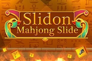 Texten Slidon Mahjong Slide mot en bakgrund med egyptiska hieroglyfer och brinnande lågor