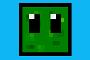 Grön pixelartkub med två stora svarta ögon mot en ljusblå bakgrund