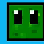 Grön pixelartkub med två stora svarta ögon mot en ljusblå bakgrund