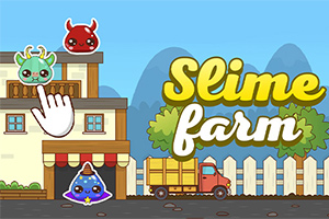 Färgglada tecknade figurer framför en bondgård med texten Slime Farm i förgrunden