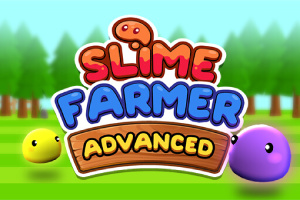 Färgglad logotyp för Slime Farmer Advanced med en grön bakgrund och skog i bakgrunden, omgiven av två glada slimbollar i gult och lila