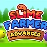 Färgglad logotyp för Slime Farmer Advanced med en grön bakgrund och skog i bakgrunden, omgiven av två glada slimbollar i gult och lila