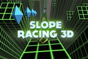 Gröna rutnät i en futuristisk miljö med texten SLOPE RACING 3D och blå triangulära former i bakgrunden