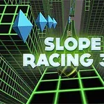 Gröna rutnät i en futuristisk miljö med texten SLOPE RACING 3D och blå triangulära former i bakgrunden